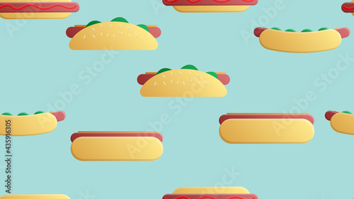 Seamless endless pattern of assorted delicious satisfying hot hot dogs, fast food on a blue background. Texture