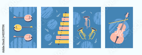 Bright illustration set with music instruments. Collection of music instruments. Guitar, xylophone, pipe and violin on blue background. Art concept for banners, website design