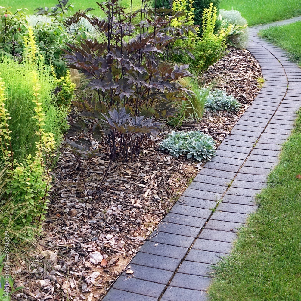 Garden Modern Design Landscaping. Decorative Garden Winding Pathway Walkway From Black Bricks