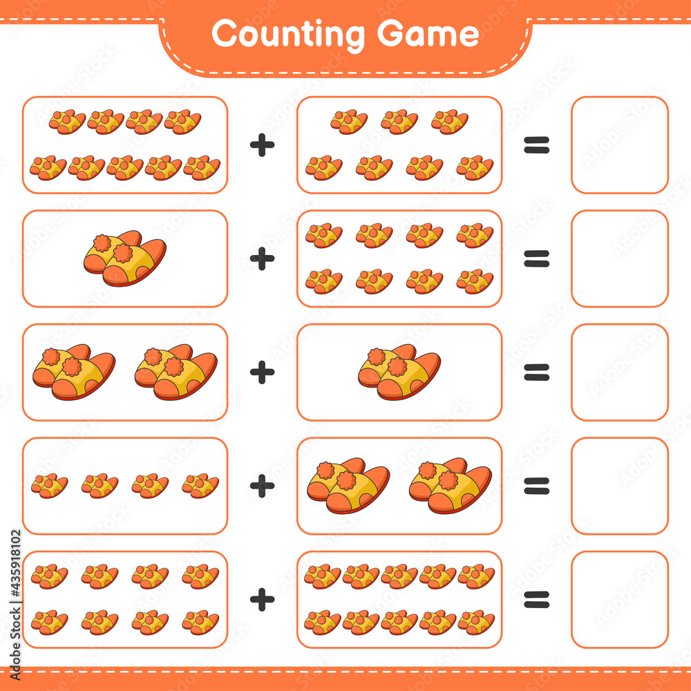 Counting game, count the number of Slippers and write the result. Educational children game, printable worksheet, vector illustration