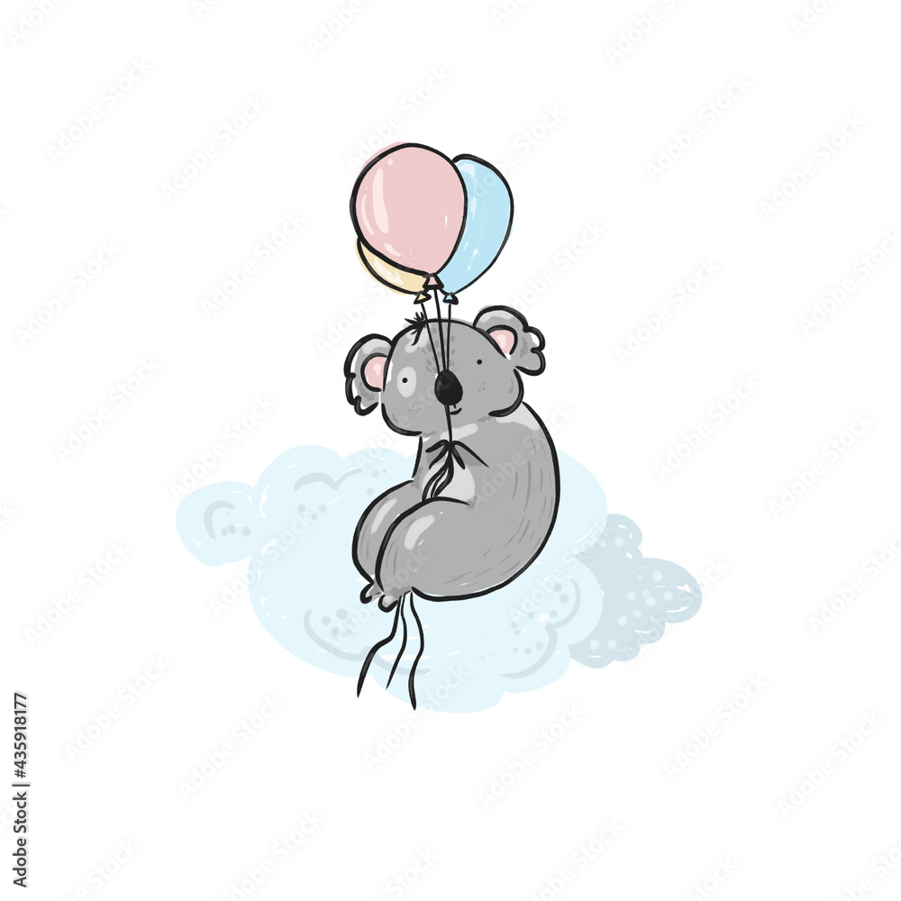 Cute sketch hand drawn color pencil gray koala with color balloons illustration. Bright cartoon childish funny animal for kids print design, textile decoration, greeting cards, print, stickers, logo Cute sketch hand drawn color pencil gray koala with color balloons illustration. Bright cartoon childish funny animal for kids print design, textile decoration, greeting cards, print, stickers, logo