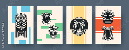 Set of contemporary art posters with African tribal masks. Vector illustration. Collection of african tribal masks in different compositions. Africa, culture, tribe, ritual, totem concept for design