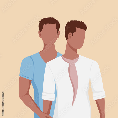 Homosexual love concept. Gay couple holding hands. Men love each other. Gay family, flat vector illustration