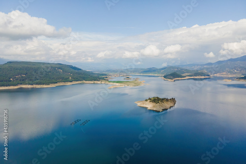 Aerial. Karacaoren Dam Lake and fish farms. Turkey