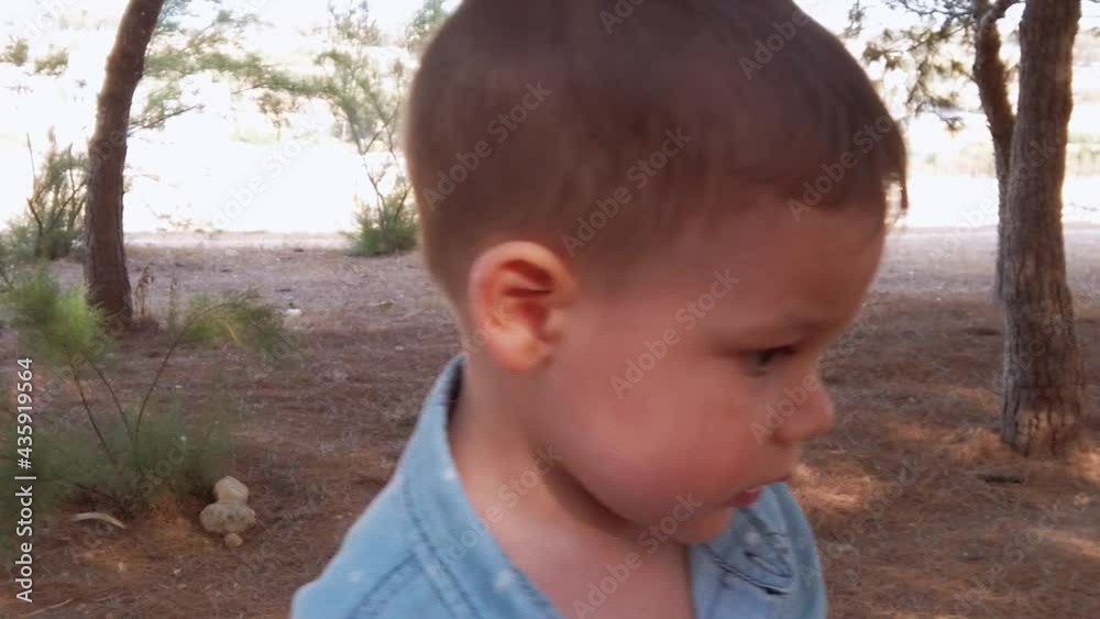 Portrait of adorable 2 years old boy toddler playing in the woods on sunny summer day. High quality FullHD footage Portrait of adorable 2 years old boy toddler playing in the woods on sunny summer day. High quality FullHD footage