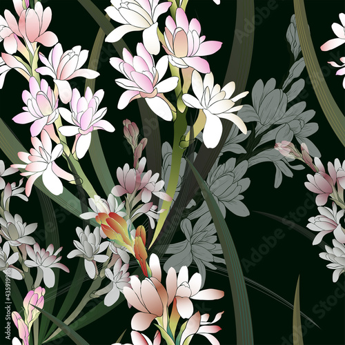 Tuberose - vector image of perfumery and cosmetic plants. Seamless pattern. Use printed materials  fabric prints  posters  postcards  packaging.