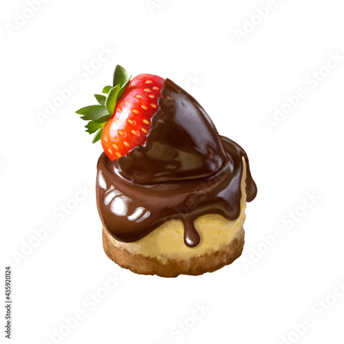 Cake, chocolate covered strawberries. Color realistic illustration on white background.