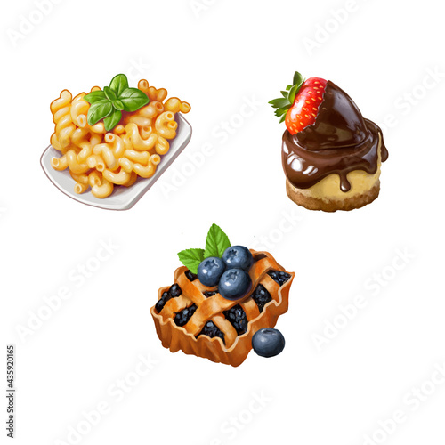 Set: mac and cheese, blueberry pie, chocolate strawberry cake. Color illustration on white background.
