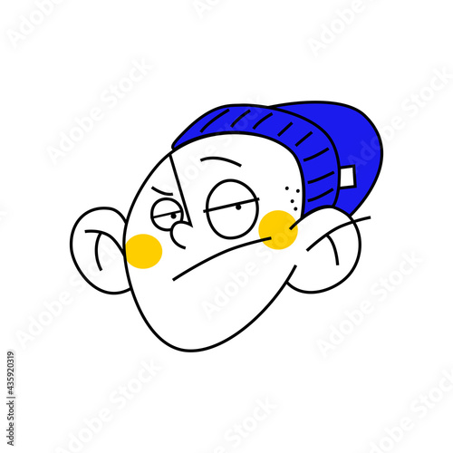 Cartoon character, dude's head. Emotions of indifference and neglect. Color vector illustration on white background.