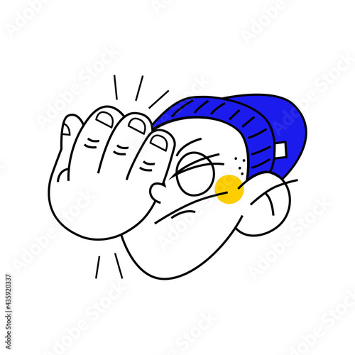 Cartoon character, dude's head. Facepalm. Color vector illustration on white background.