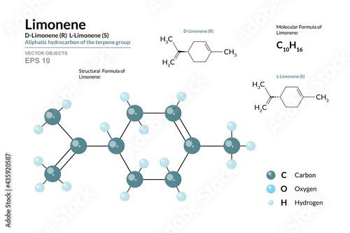 Limonene. D-Limonene (R)  L-Limonene (S). Aliphatic hydrocarbon of the terpene group. C10H16. Structural Chemical Formula and Molecule 3d Model. Atoms with Color Coding. Vector Illustration