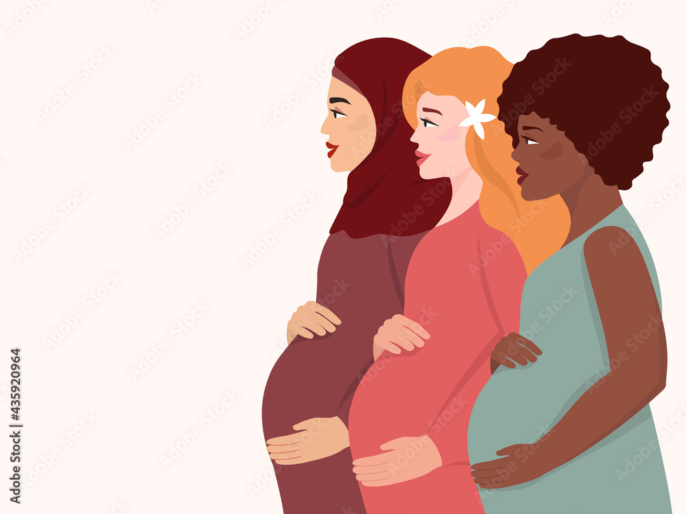 Several young pregnant women stand in profile and hold their large bellies. The concept of motherhood, equality, and family. Vector graphics.