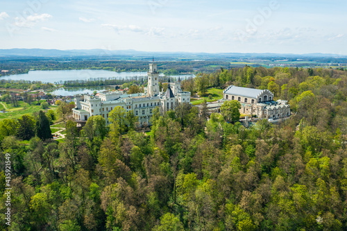 Panoramic view of Hluboka Castle in Hluboka nad Vltavou near Ceske Budejovice, Czech Republic