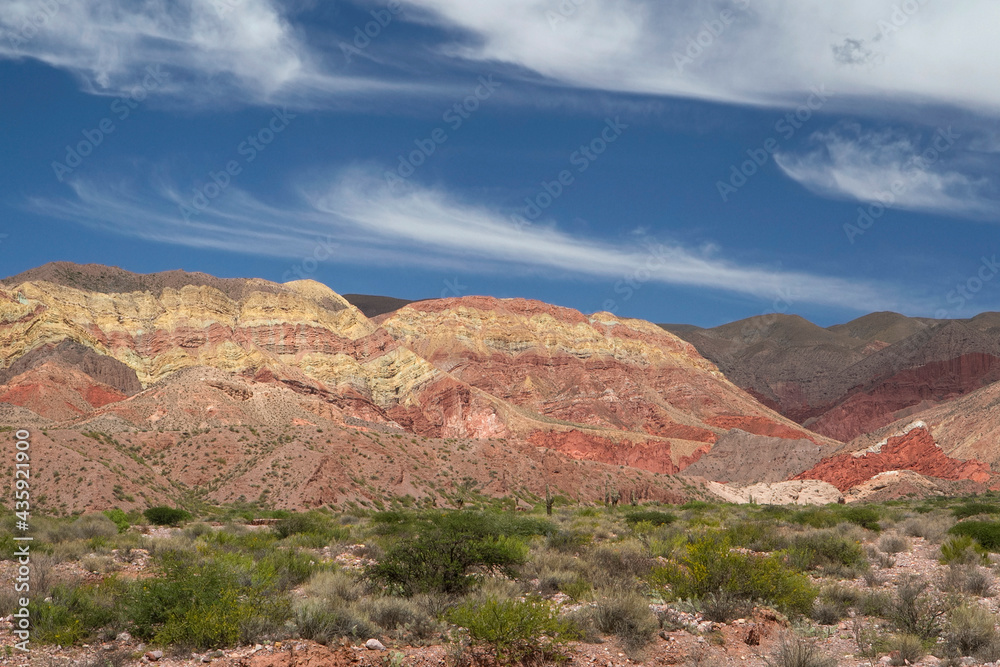 Hiking in the desert. Panorama view of the colorful rock and sandstone mountain in Humahuaca, Jujuy, Argentina.