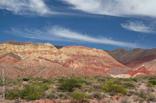 Hiking in the desert. Panorama view of the colorful rock and sandstone mountain in Humahuaca, Jujuy, Argentina.