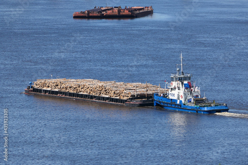 Foto The barge transports cargo, timber logs along the river in summer