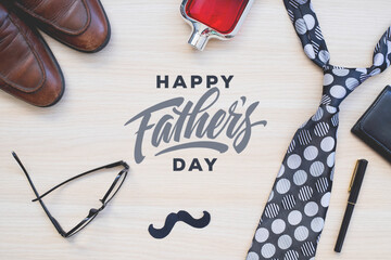 Fathers day. Greetings and presents on table.