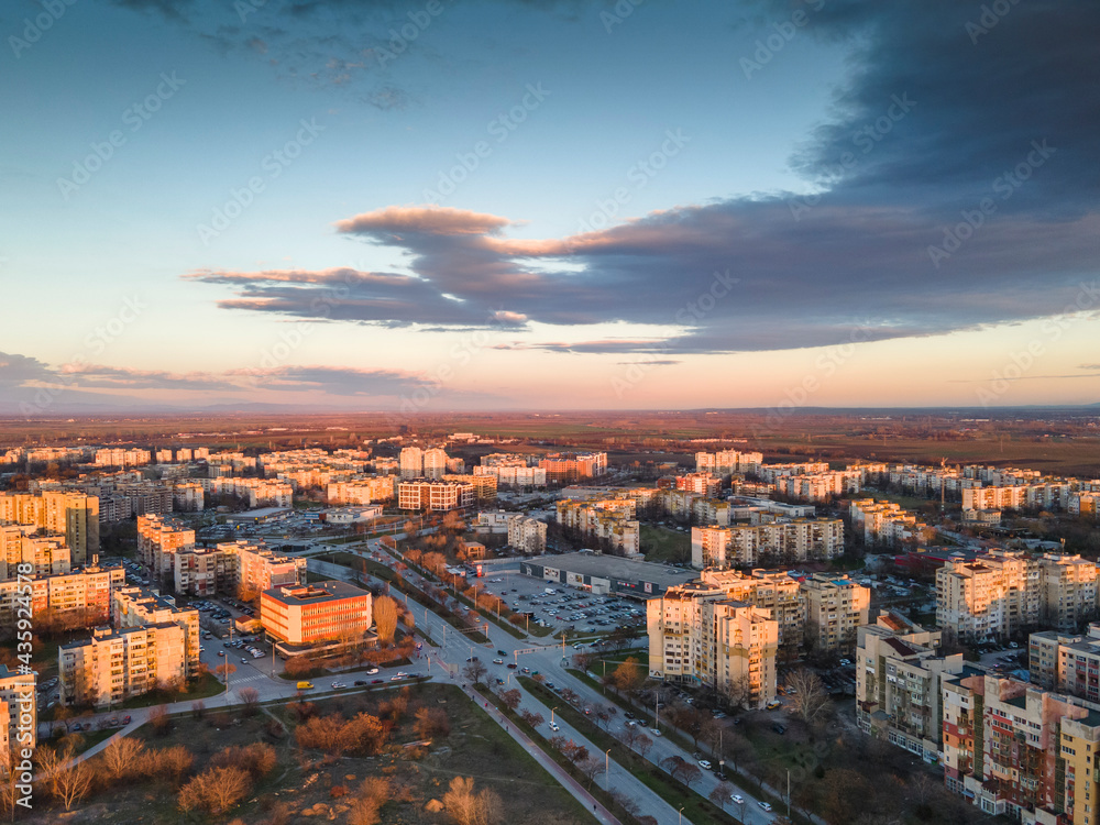 Aerial Sunset view of Typical residential building in Plovdiv, Bulgaria