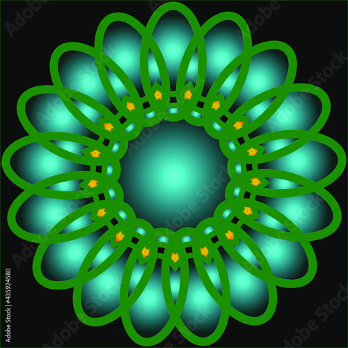 green circle flower. black background with round oval pattern and smooth gradation. vector illustration of a sunflower.