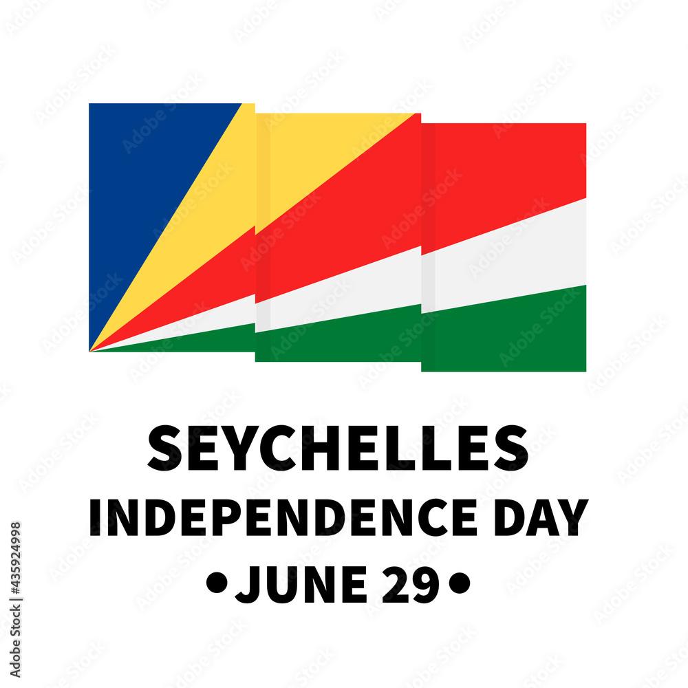Seychelles Independence Day lettering with flag isolated on white. National holiday celebrated on June 29. Vector template for typography poster, banner, greeting card, flyer, etc Seychelles Independence Day lettering with flag isolated on white. National holiday celebrated on June 29. Vector template for typography poster, banner, greeting card, flyer, etc