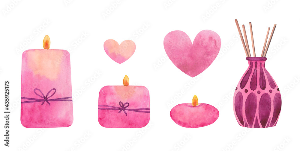 watercolor set of pink burning candles and aroma lamp
