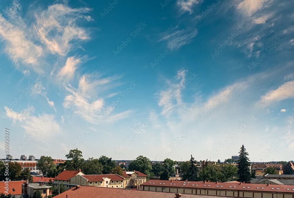 background clouds and red roofs of European houses