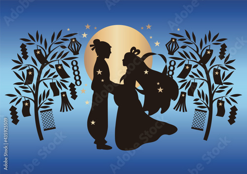 七夕　笹　夏　織姫　彦星　牽牛　シルエット　影絵　切絵　背景　イラスト素材