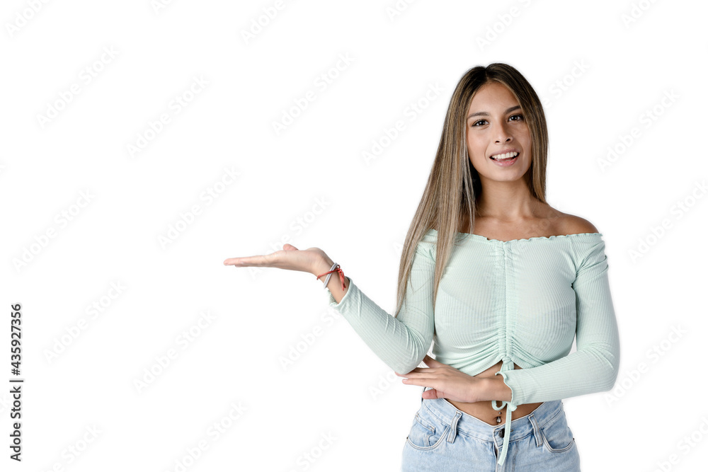 Beautiful Latin woman looking forward with her right arm extended and her hand open in a pure white background. Studio photography. Beautiful Latin woman looking forward with her right arm extended and her hand open in a pure white background. Studio photography.