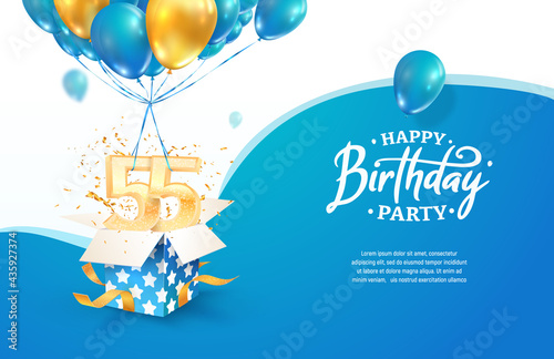 Celebrating 55th years birthday vector illustration. Fifty five anniversary celebration. Adult birth day. Open gift box with numbers flying on balloons photo