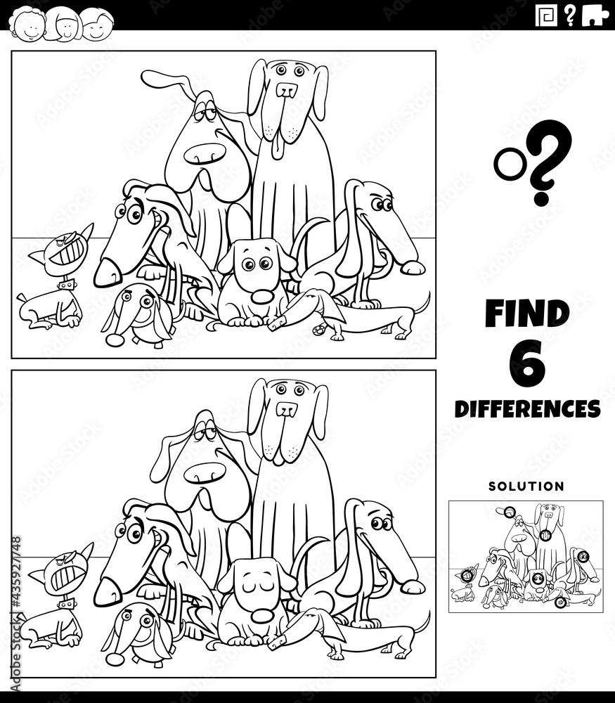 differences game with dogs group coloring book page