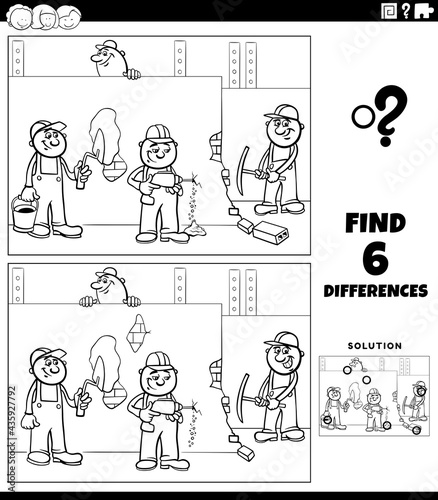 differences game with cartoon workers coloring book page