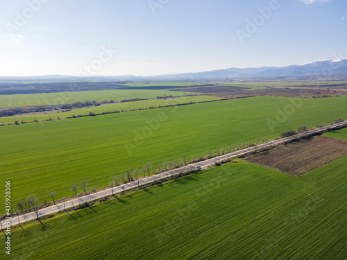 Aerial Spring landscape of Rural Land near town of Hisarya, Bulgaria