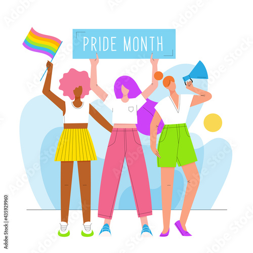 Group of young modern diverse women standing with sign, megaphone and rainbow flag. LGBT pride month celebration concept. Hand drawn colorful vector illustration.
