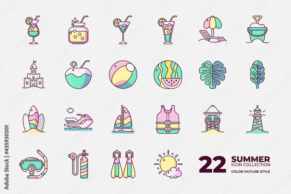 22 Summer Color Outline Style Icon Collection