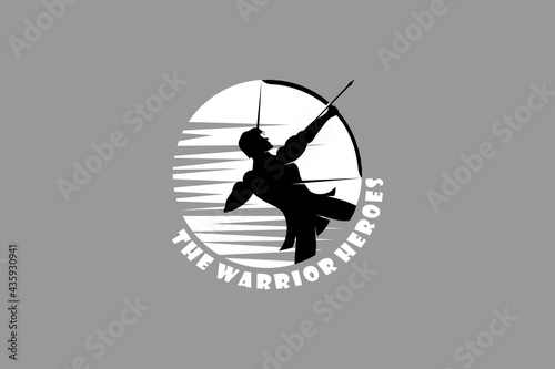 Hero and Warrior silhouette with moon background. Muscular Myth Greek Archer Warrior Silhouette Logo design. Hercules Heracles with Bow Longbow Arrow. 