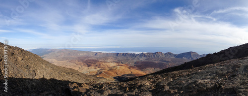 Panoramic view high up at volcano Teide over lower volcanic caldera landscape, Tenerife, Spain