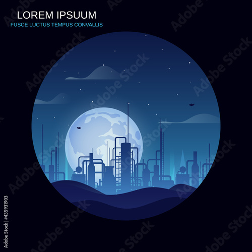 Oil refinery construction over moon night retro style vector background
