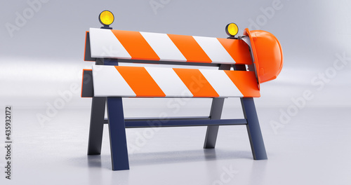 Under construction concept, Construction site, Road Barrier with Sign and Cones. 3D render