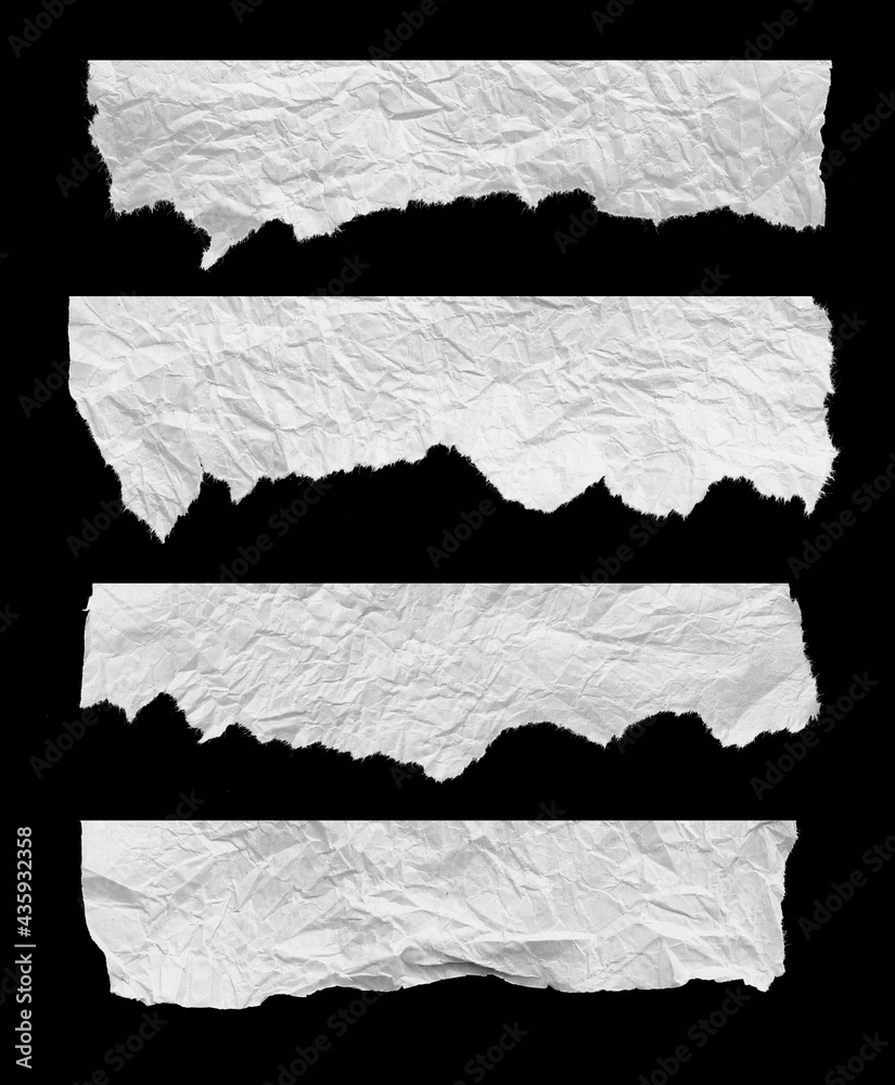 Collection of ripped torn paper isolated on black background