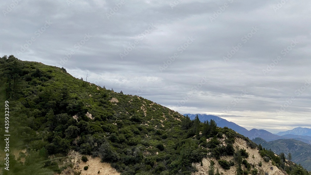 San Bernardino National Forest, Skyforest, California, on Christmas Eve, 2020, with mountains in background and overcast skies