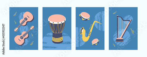 Set of musical instruments illustrations in pastel style. Collection of creative art posters in retro style. Guitar, harp, violin and pipe on blue background. Art concept for banners, website design