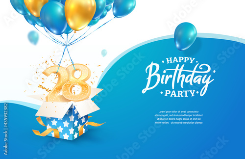 Celebrating 28th years birthday vector illustration. Twenty eight anniversary celebration. Adult birth day. Open gift box with numbers flying on balloons