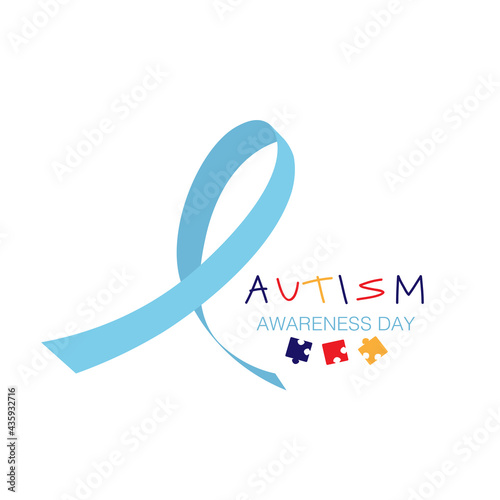 International Autism Awareness Day Banner. Blue ribbon with colorful puzzle pieces. Jigsaw mosaic as symbol of children with Autism disorder. Social Difficulty. Mental disability. Vector Illustration.