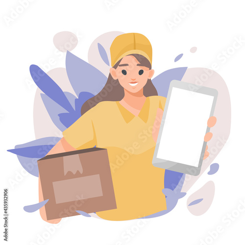 woman character showing smart phone with a parcel box delivery to home and office concept of online shopping Flat vector cute cartoon illustration