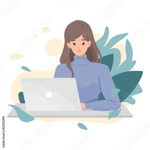 character business woman using laptop for online working, internet, social media, and blogging, Flat vector cute cartoon illustration