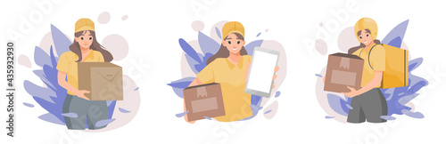 Set of woman character showing smart phone with a parcel box delivery to home and office concept of online shopping Flat vector cute cartoon illustration