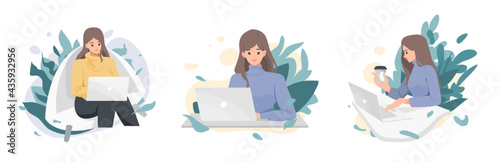 Set of character business woman using laptop for online working, internet, social media, and blogging, Flat vector cute cartoon illustration