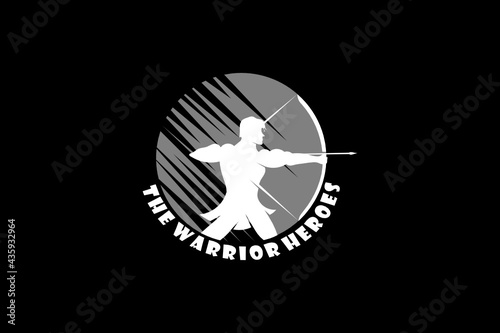 Hero and Warrior silhouette with moon background. Muscular Myth Greek Archer Warrior Silhouette Logo design. Hercules Heracles with Bow Longbow Arrow. 