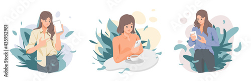 set of character business woman using and showing smartphones devices for social media, Internet, and calling, Flat vector cute cartoon illustration