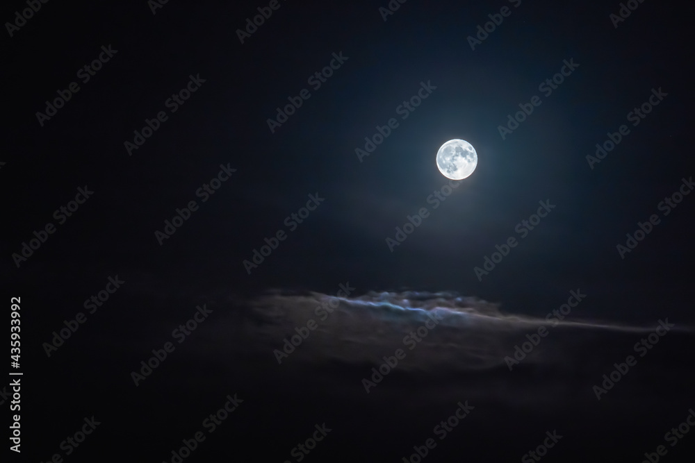 Super moon in cloudy sky. Full moon at night with copy space